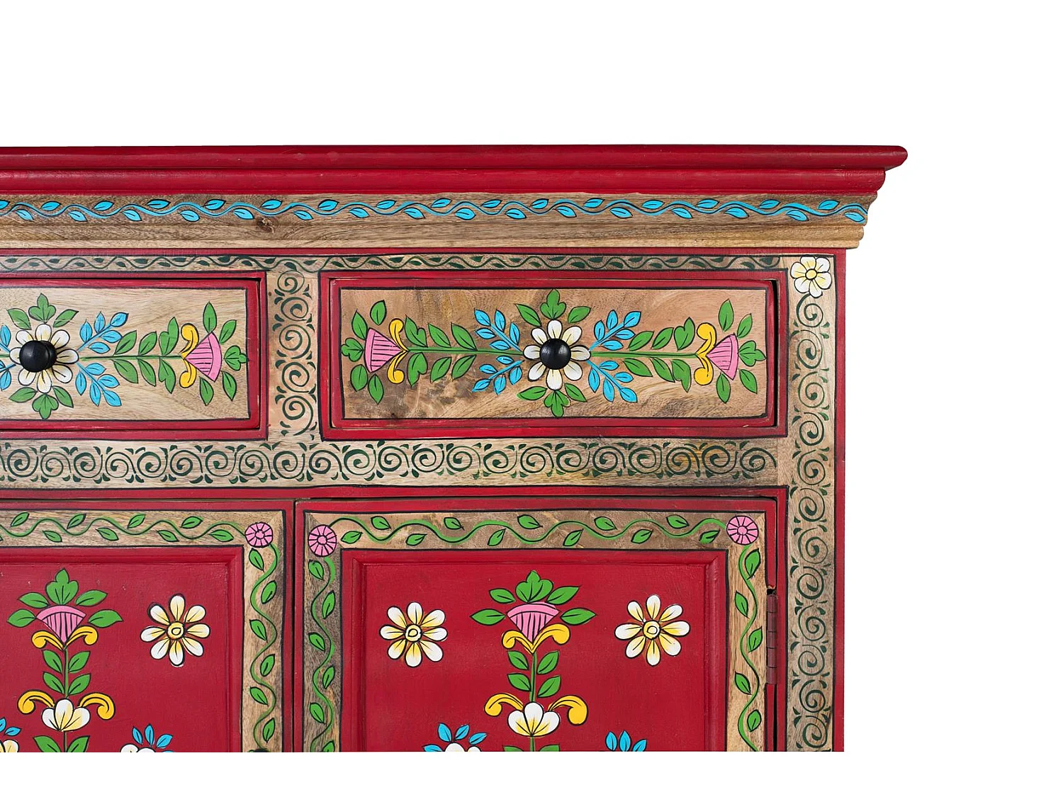Buffet en bois de manguier peint à la main avec 2 tiroirs et portes
