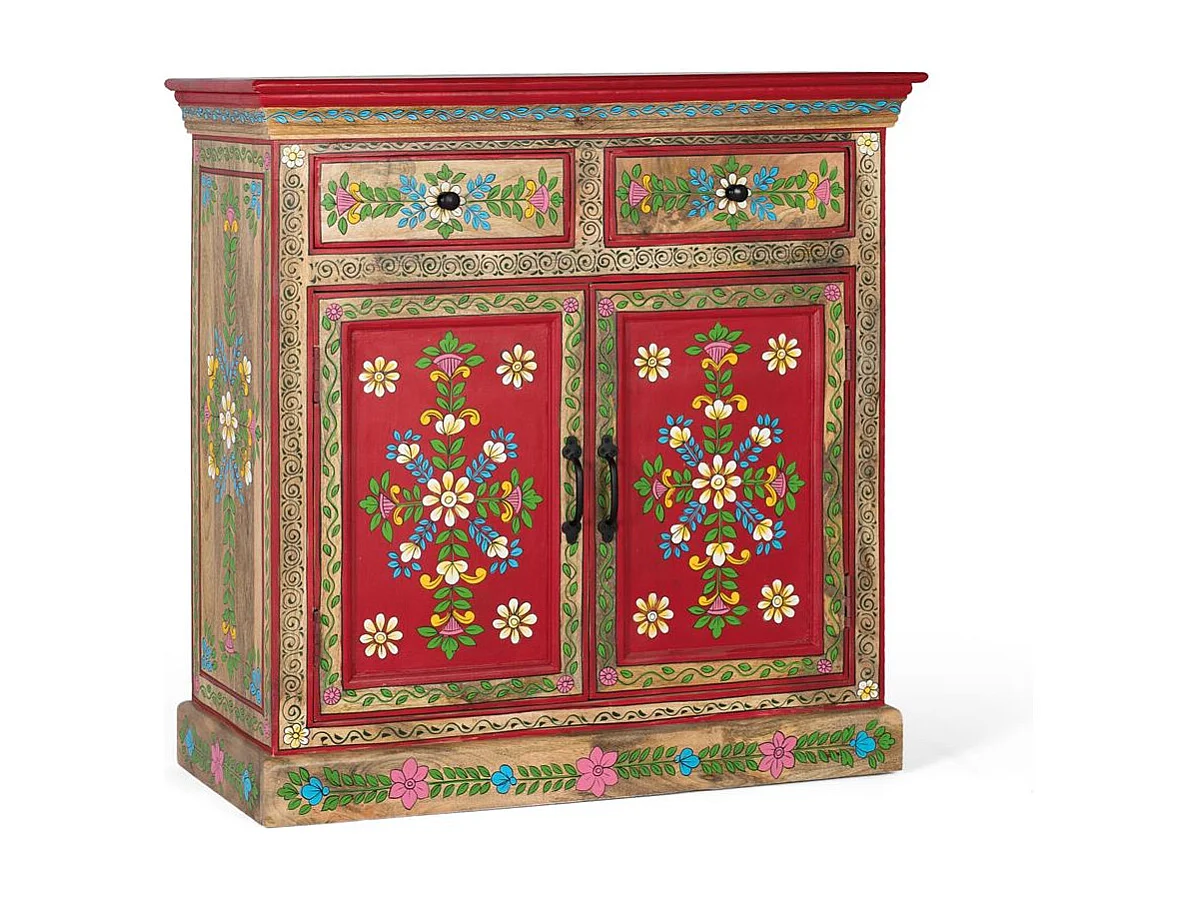 Buffet en bois de manguier peint à la main avec 2 tiroirs et portes