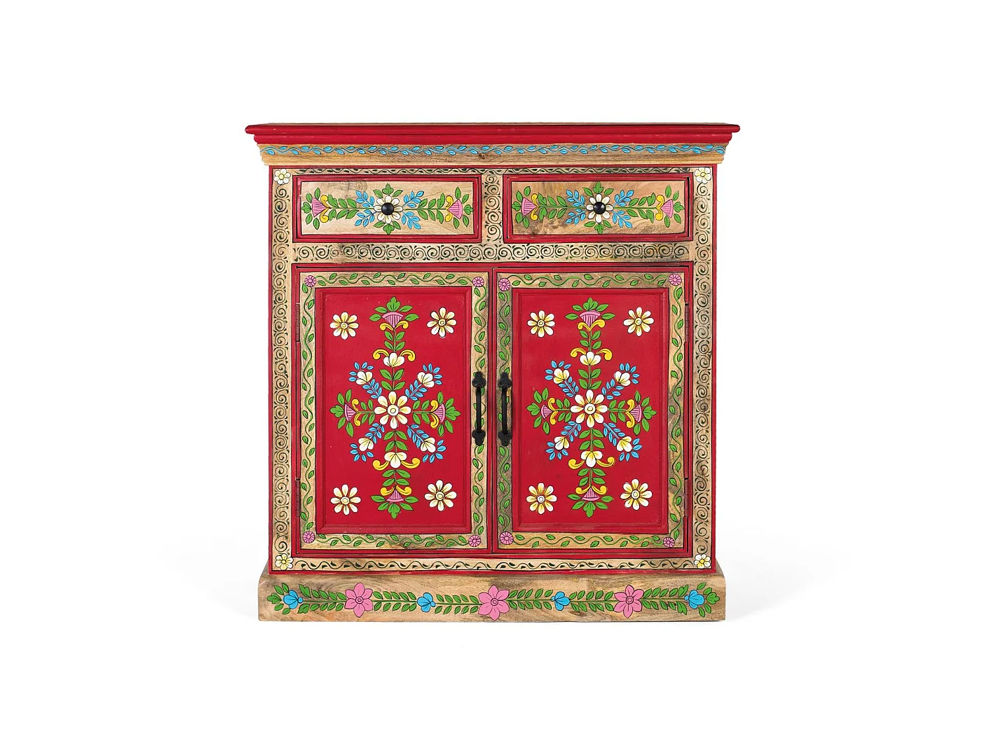 Handbemaltes Sideboard aus Mangoholz mit 2 Schubladen und Türen