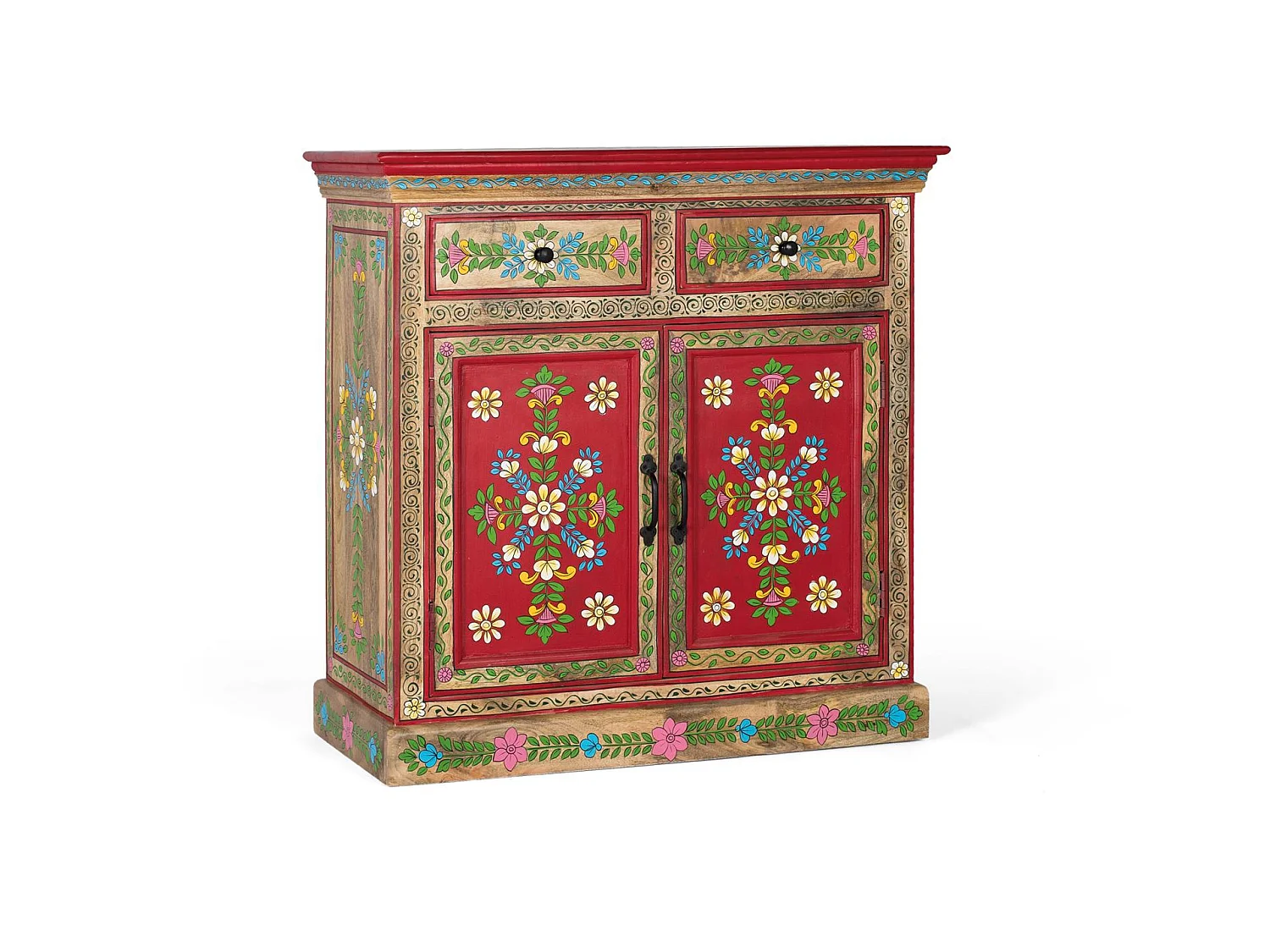 Handbemaltes Sideboard aus Mangoholz mit 2 Schubladen und Türen