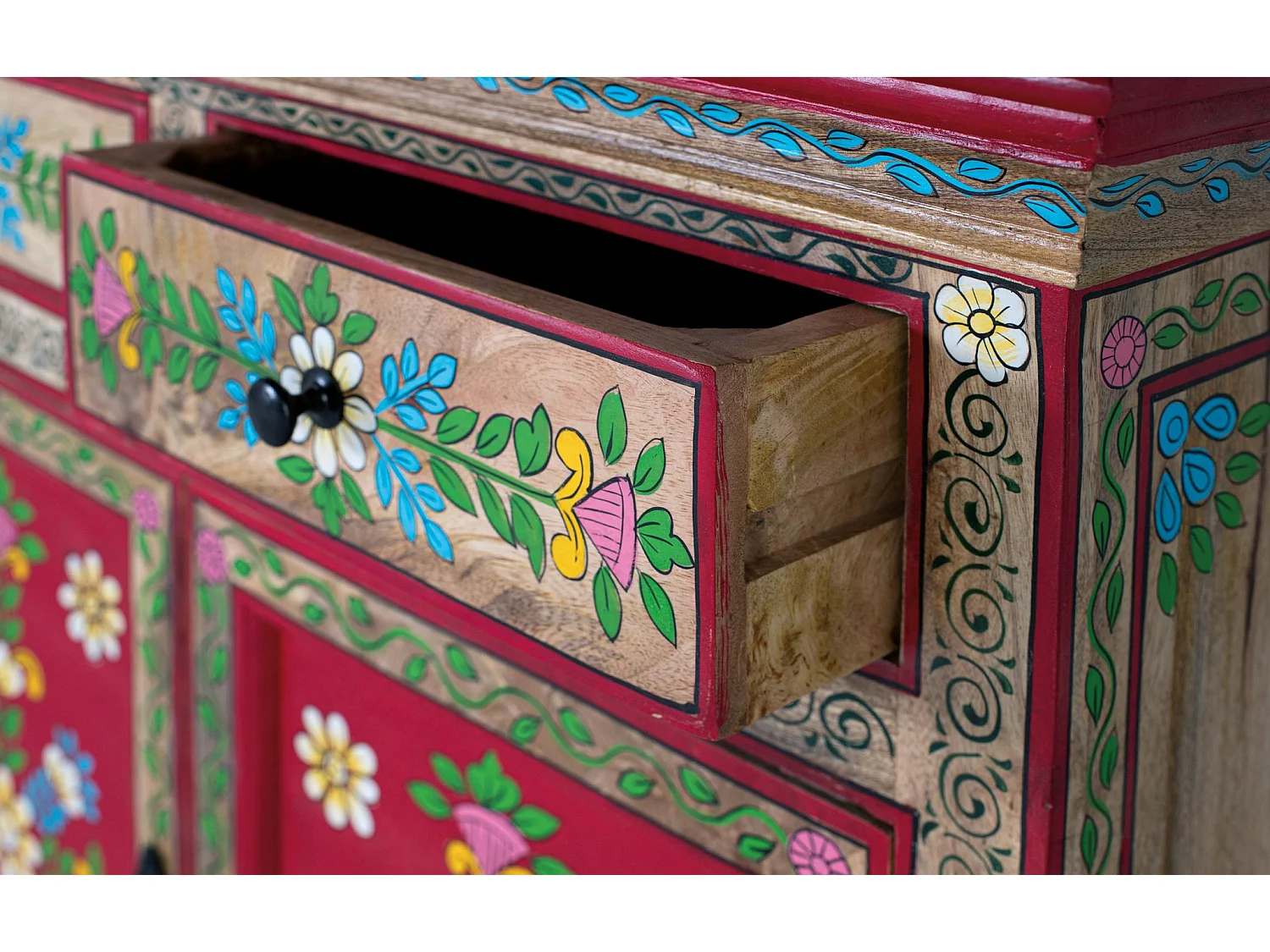 Handbemaltes Sideboard aus Mangoholz mit 2 Schubladen und Türen