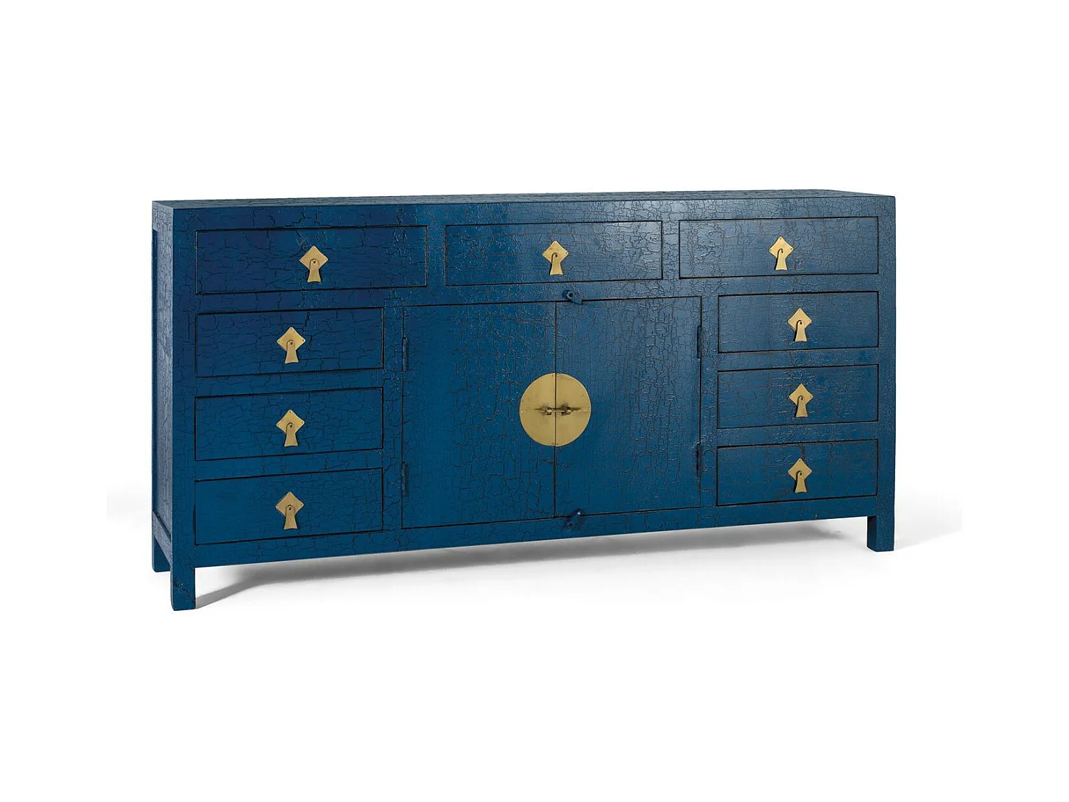 Sideboard mit mehreren Türen und blauen Schubladen
