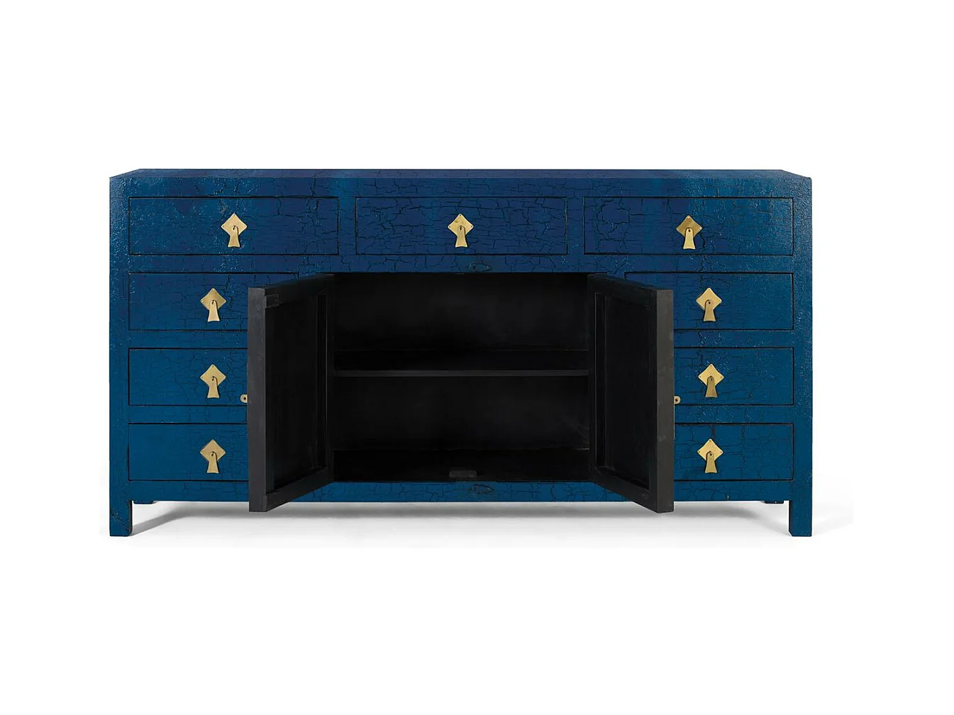 Sideboard mit mehreren Türen und blauen Schubladen