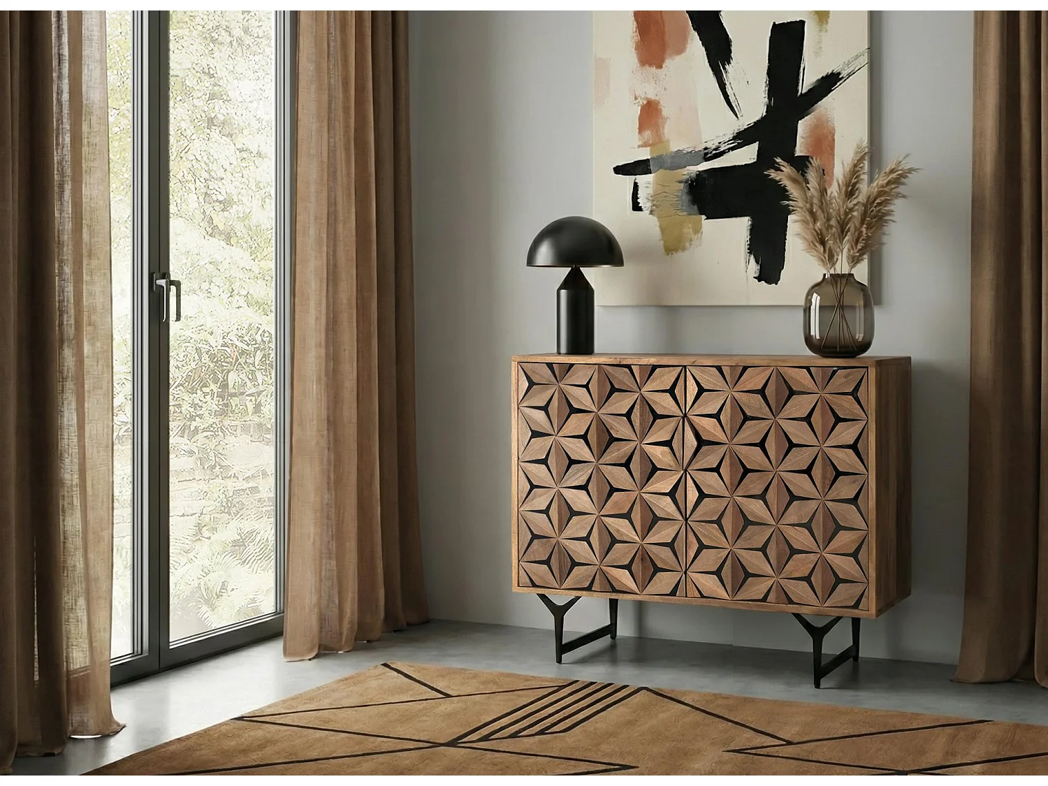 Buffet en bois de manguier, style géométrique contemporain - 76 x 90 x 40