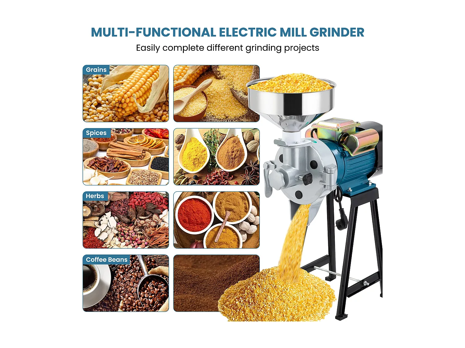 2200w Moulin à farine sec et humide 2 en 1, 50x26x70cm, pour céréales, paille - EU plug