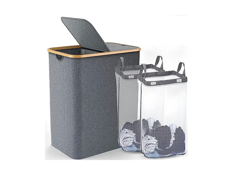 Cesta de lino plegable 150L, ​​en tela gris, con 2 cubiertas y 2 bolsas interiores desmontables, 57x37x70cm