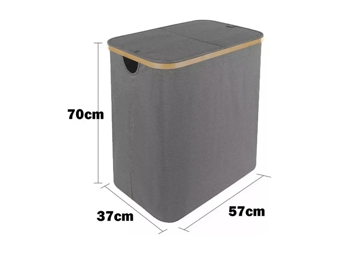 Cesto di lino pieghevole da 150 litri, in tessuto grigio, con 2 coperture e 2 sacchetto interno staccabile, 57x37x70cm
