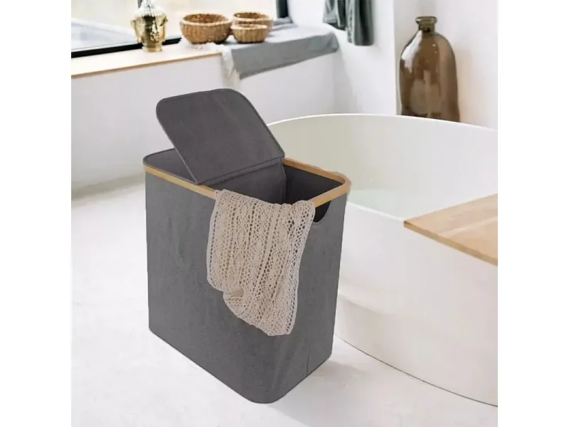 Cesto di lino pieghevole da 150 litri, in tessuto grigio, con 2 coperture e 2 sacchetto interno staccabile, 57x37x70cm