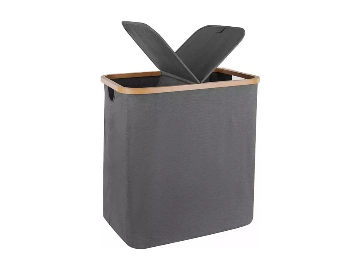 Cesto di lino pieghevole da 150 litri, in tessuto grigio, con 2 coperture e 2 sacchetto interno staccabile, 57x37x70cm