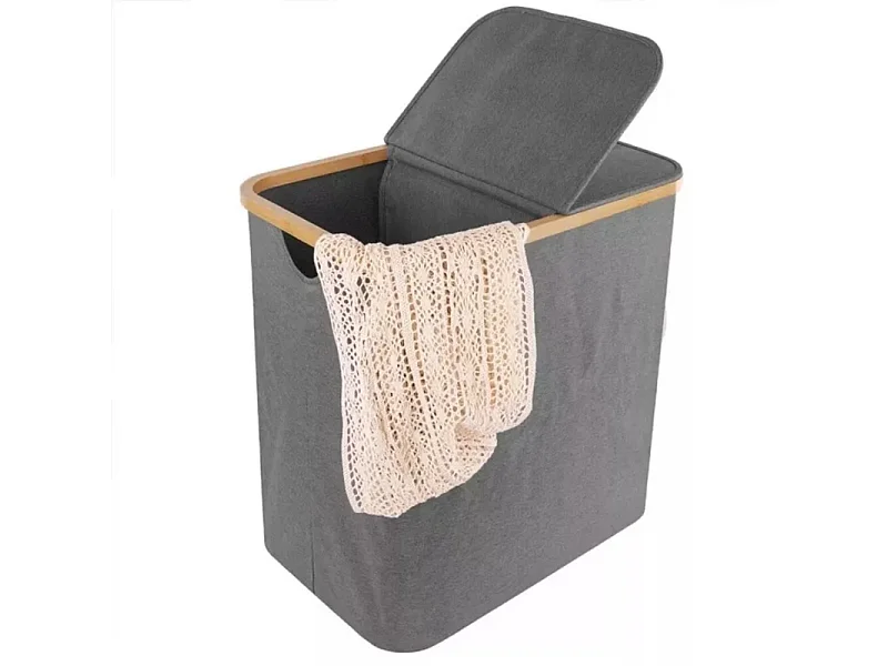 Cesto di lino pieghevole da 150 litri, in tessuto grigio, con 2 coperture e 2 sacchetto interno staccabile, 57x37x70cm