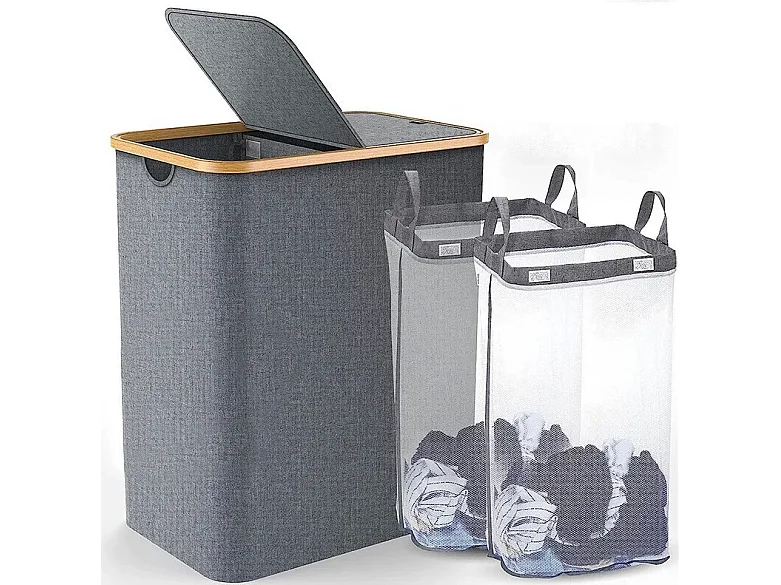 Opvouwbare wasmand 150L, ​​in grijze stof, met 2 deksels en 2 uitneembare binnenzakken, 57x37x70CM