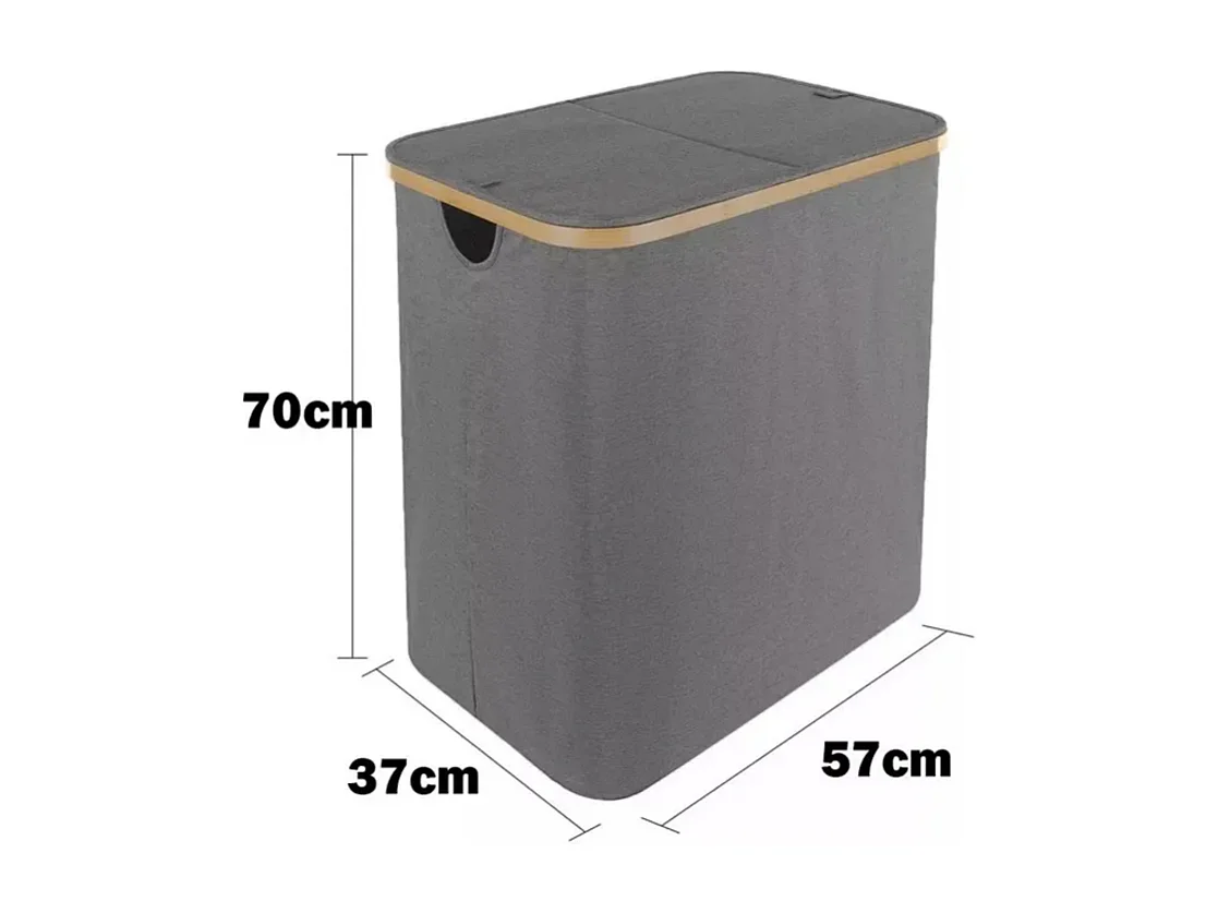 Opvouwbare wasmand 150L, ​​in grijze stof, met 2 deksels en 2 uitneembare binnenzakken, 57x37x70CM