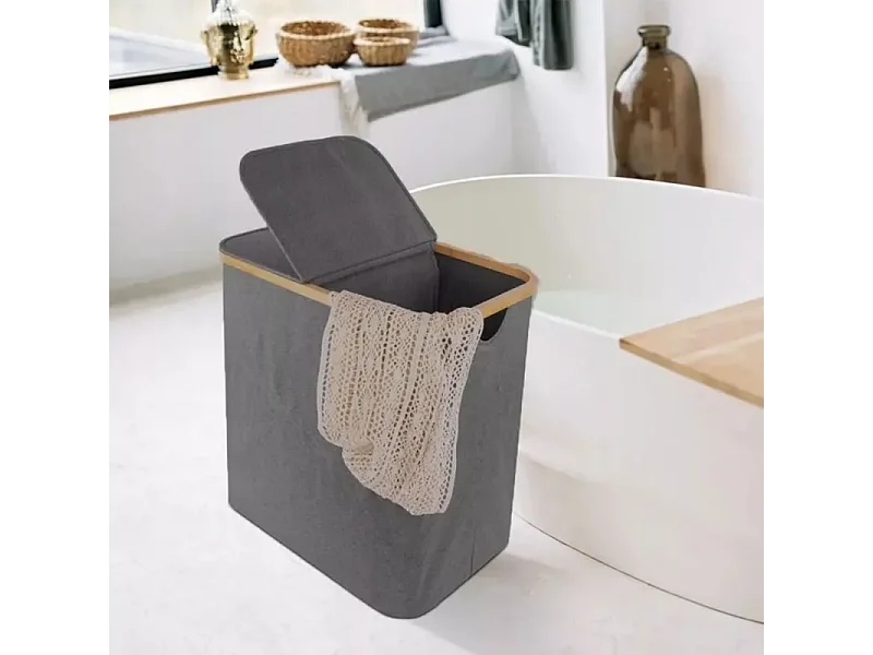 Opvouwbare wasmand 150L, ​​in grijze stof, met 2 deksels en 2 uitneembare binnenzakken, 57x37x70CM