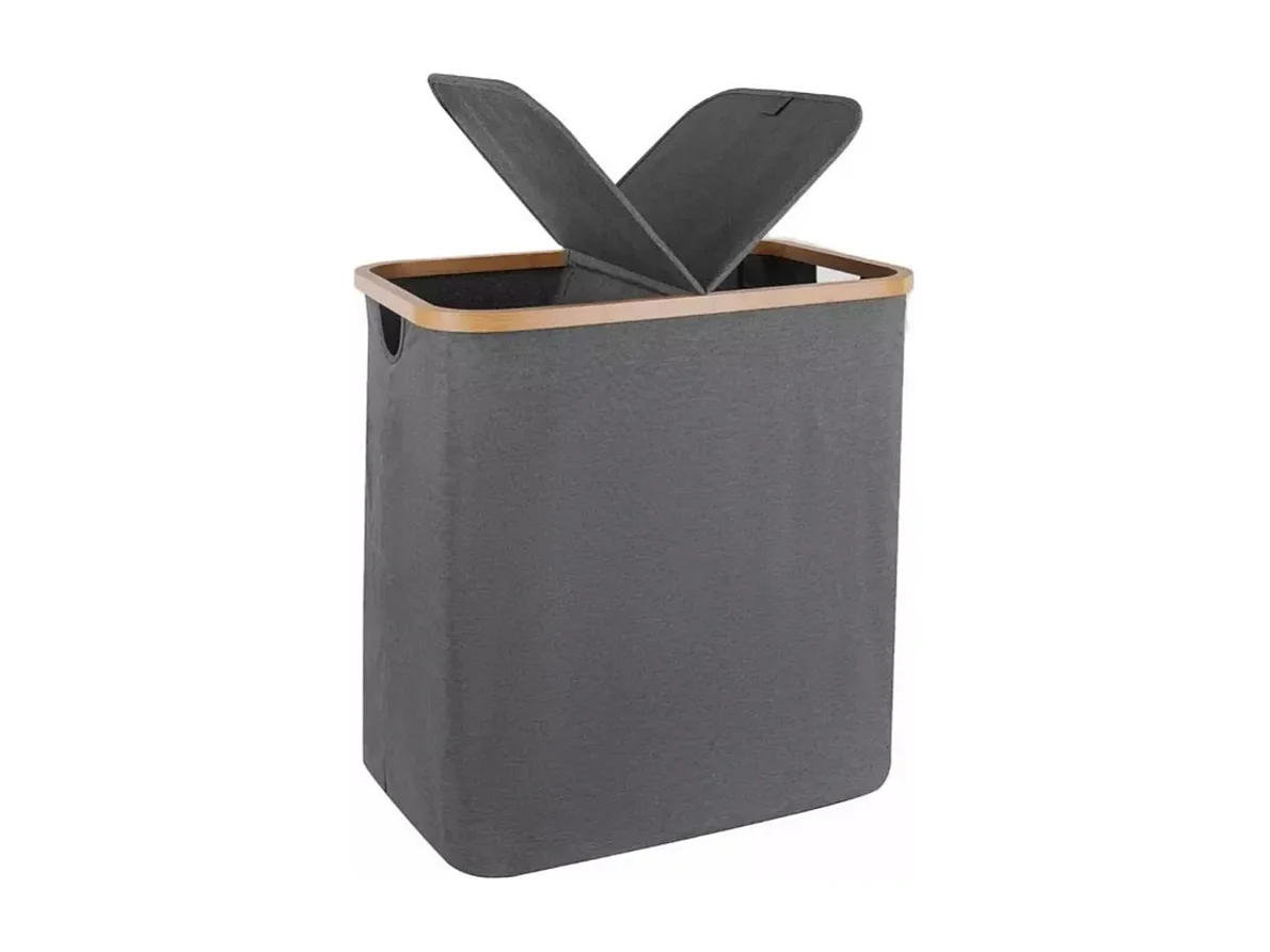 Opvouwbare wasmand 150L, ​​in grijze stof, met 2 deksels en 2 uitneembare binnenzakken, 57x37x70CM