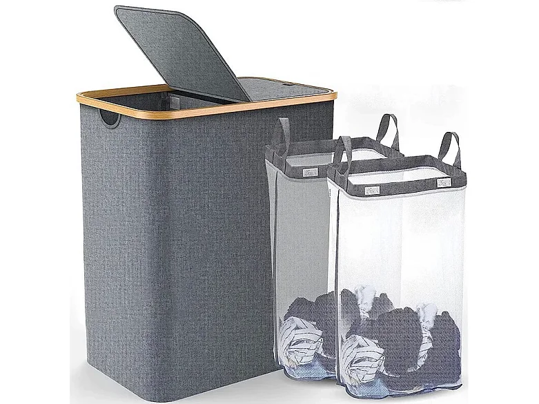 150L Faltbeinkorb in grauem Stoff mit 2 Abdeckungen und 2 abnehmbarer Innenbeutel, 57x37x70cm