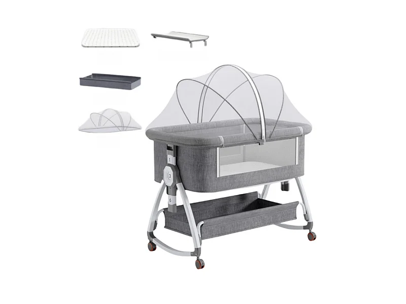 Berceau cododo avec table à langer, matelas, rangement, moustiquaire, roulettes, 6 Hauteurs, 92x55x83cm