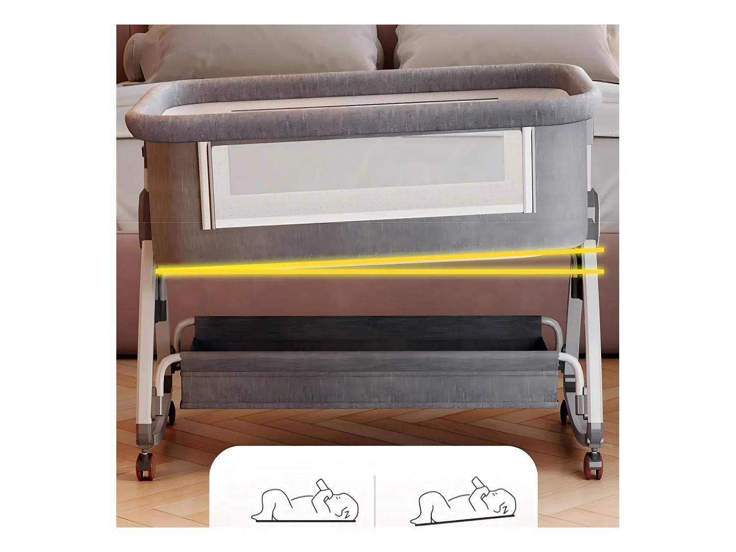 Berceau cododo avec table à langer, matelas, rangement, moustiquaire, roulettes, 6 Hauteurs, 92x55x83cm