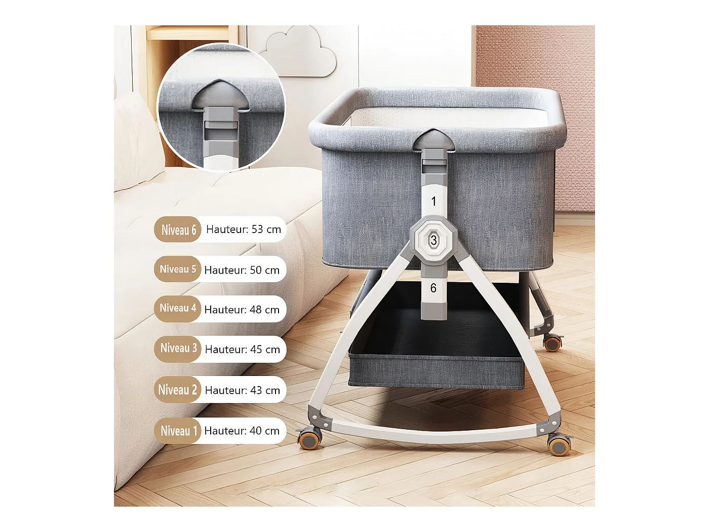 Berceau cododo avec table à langer, matelas, rangement, moustiquaire, roulettes, 6 Hauteurs, 92x55x83cm