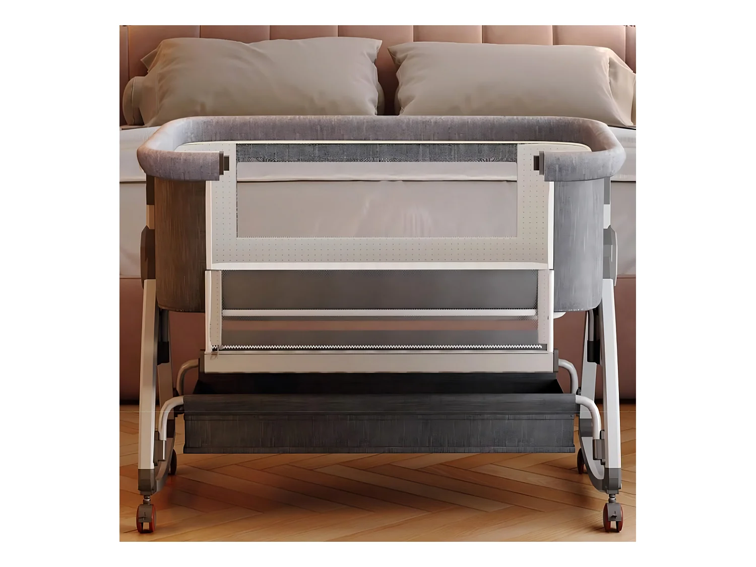 Berceau cododo avec table à langer, matelas, rangement, moustiquaire, roulettes, 6 Hauteurs, 92x55x83cm