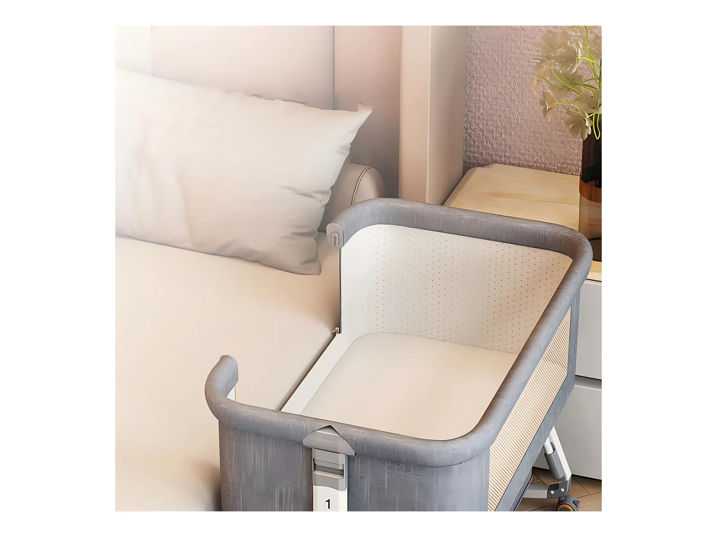 Berceau cododo avec table à langer, matelas, rangement, moustiquaire, roulettes, 6 Hauteurs, 92x55x83cm