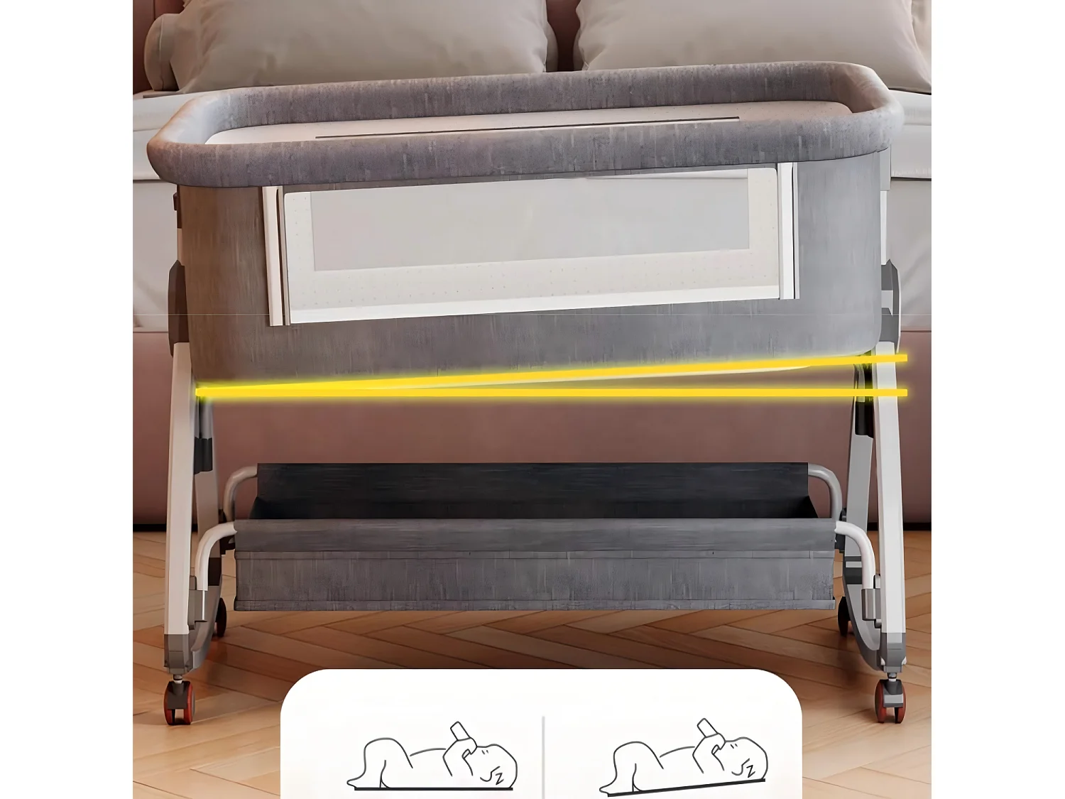 Berceau cododo avec table à langer, matelas, rangement, moustiquaire, roulettes, 6 Hauteurs, 92x55x83cm