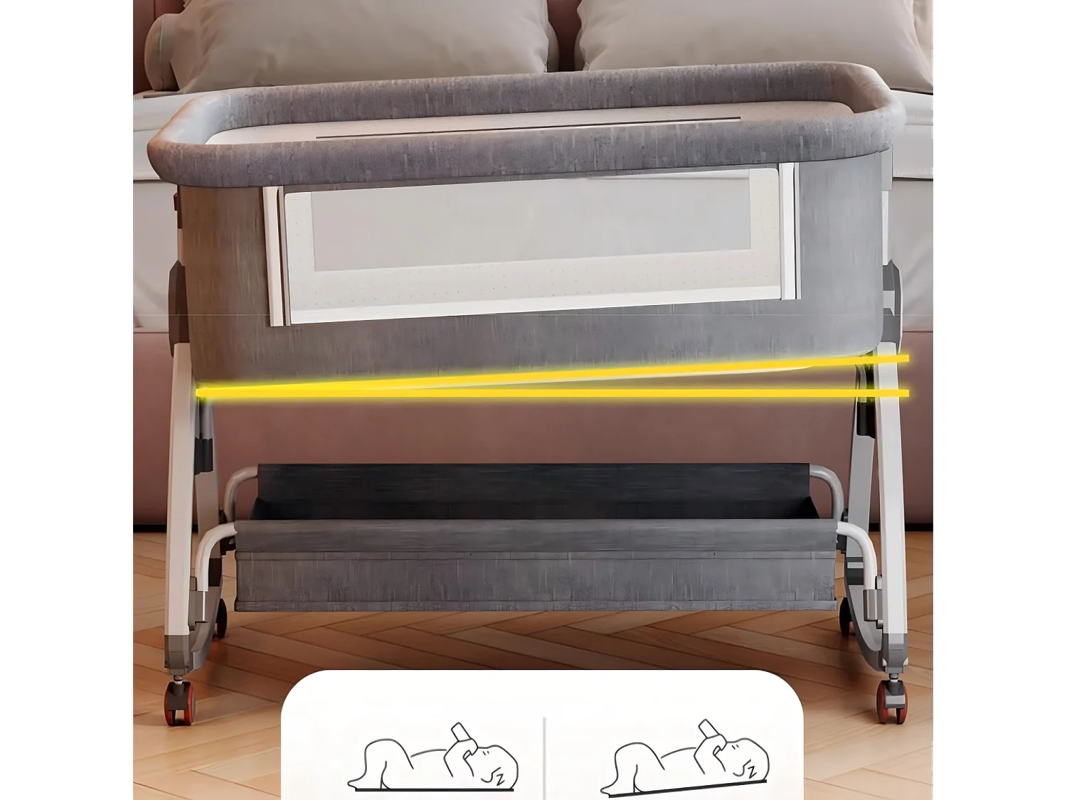 Berceau cododo avec table à langer, matelas, rangement, moustiquaire, roulettes, 6 Hauteurs, 92x55x83cm