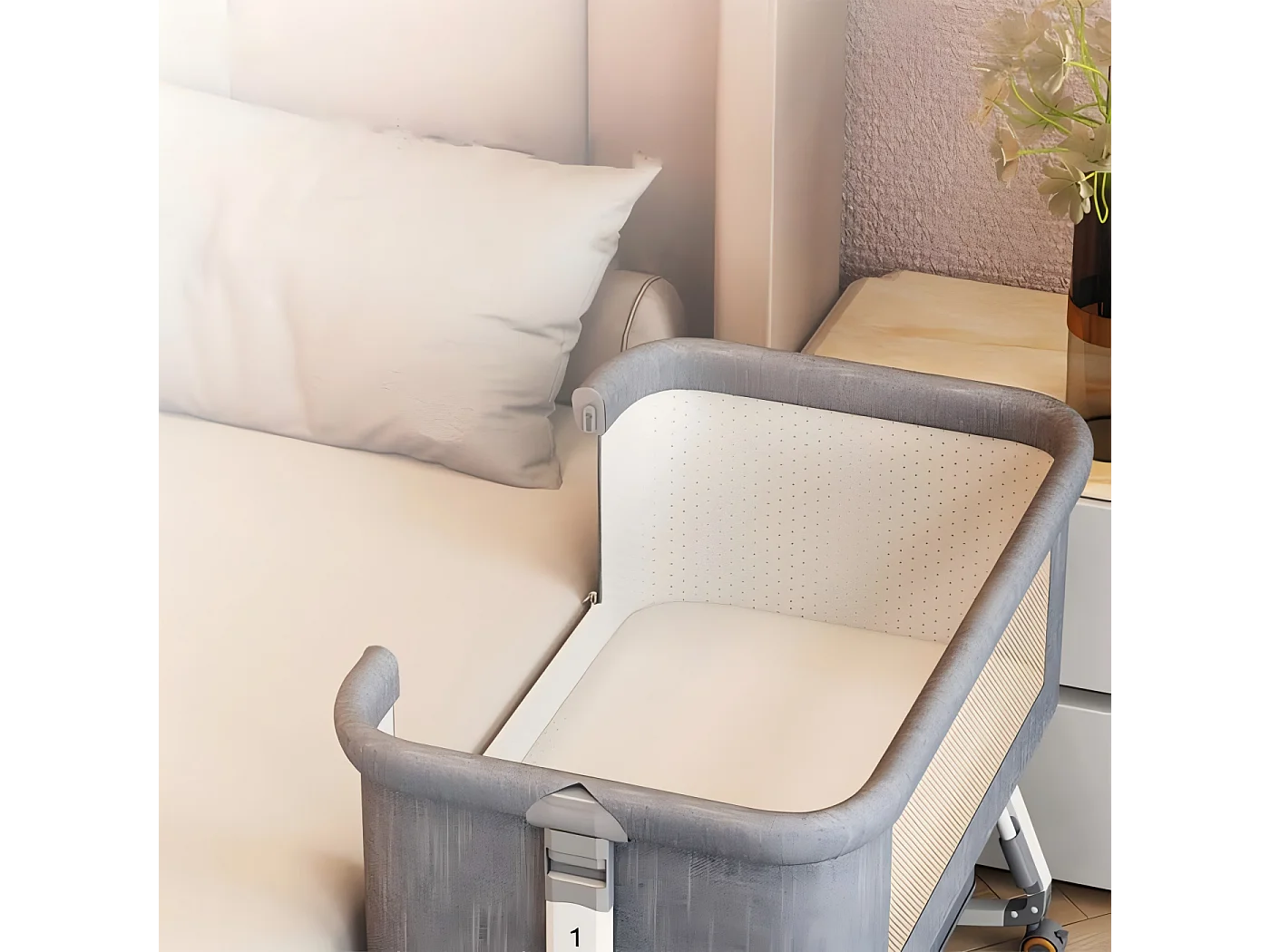 Berceau cododo avec table à langer, matelas, rangement, moustiquaire, roulettes, 6 Hauteurs, 92x55x83cm