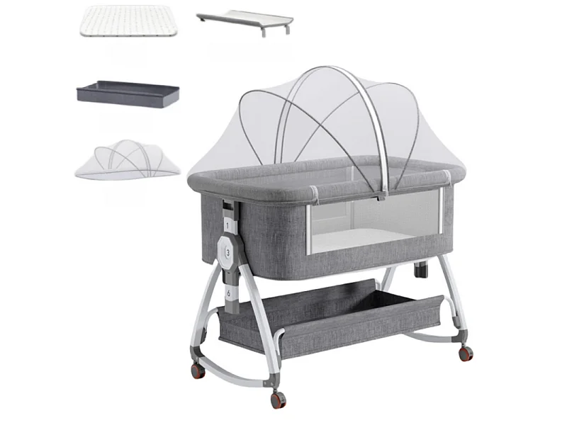 Berceau cododo avec table à langer, matelas, rangement, moustiquaire, roulettes, 6 Hauteurs, 92x55x83cm