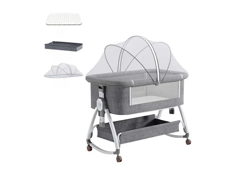 Berceau cododo avec matelas, rangement, moustiquaire, roulettes, 6 Hauteurs, 92x55x83cm