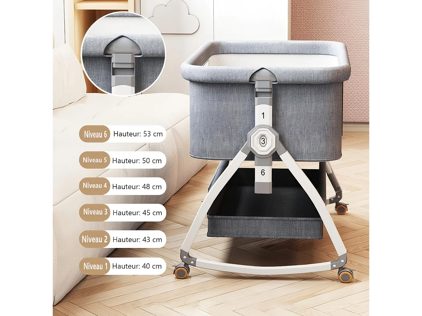 Berceau cododo avec matelas, rangement, moustiquaire, roulettes, 6 Hauteurs, 92x55x83cm