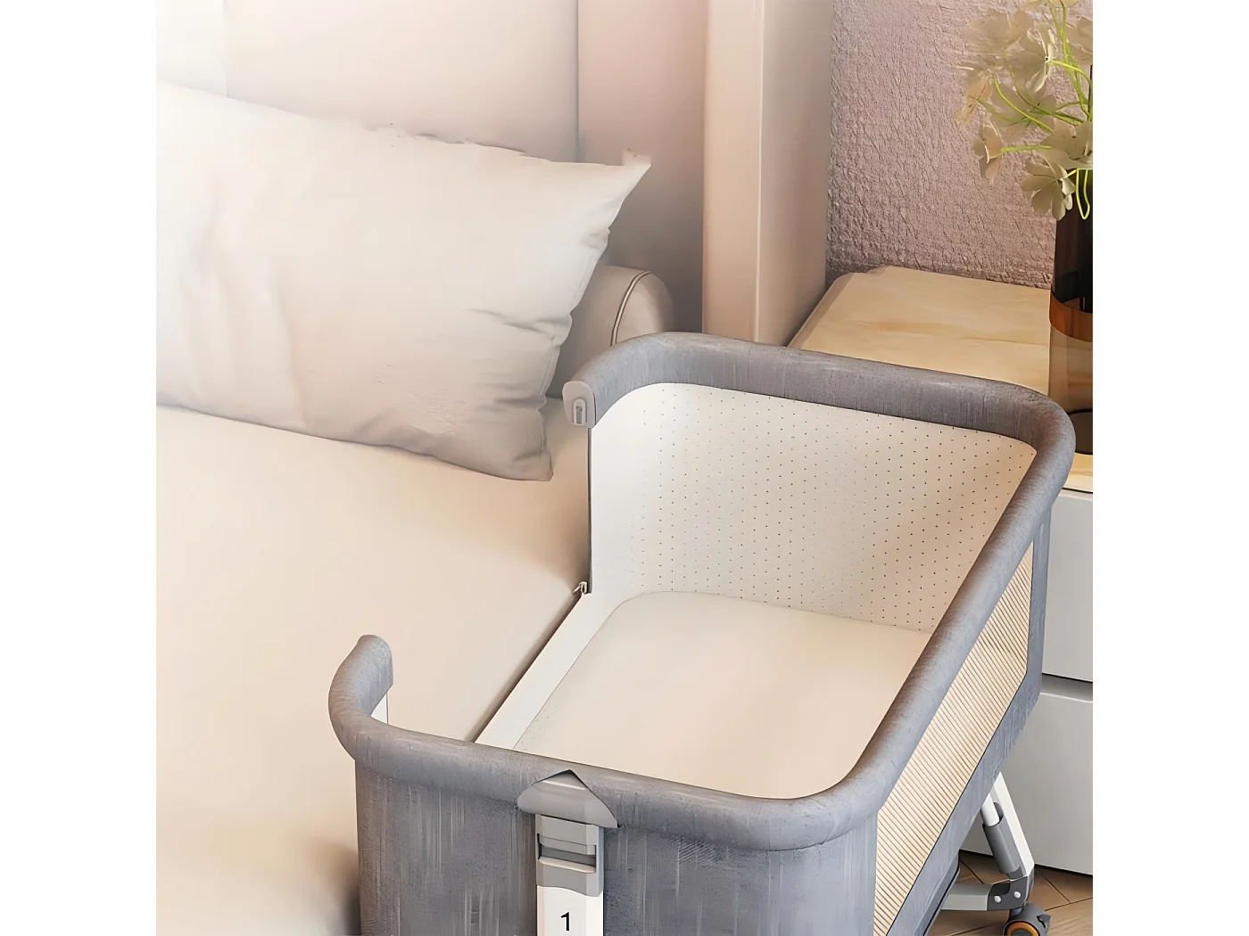 Berceau cododo avec matelas, rangement, moustiquaire, roulettes, 6 Hauteurs, 92x55x83cm