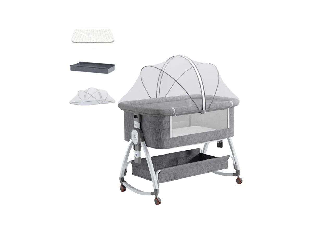 Babybedje Babywieg met matras, opbergtas, klamboe, 6 verstelbare hoogtes, 4 zwenkwielen met rem, 92x55x83cm