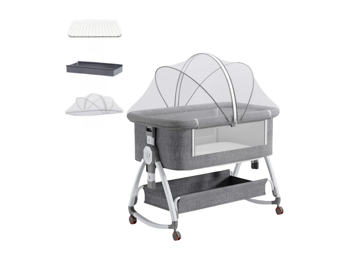 Babybedje Babywieg met matras, opbergtas, klamboe, 6 verstelbare hoogtes, 4 zwenkwielen met rem, 92x55x83cm