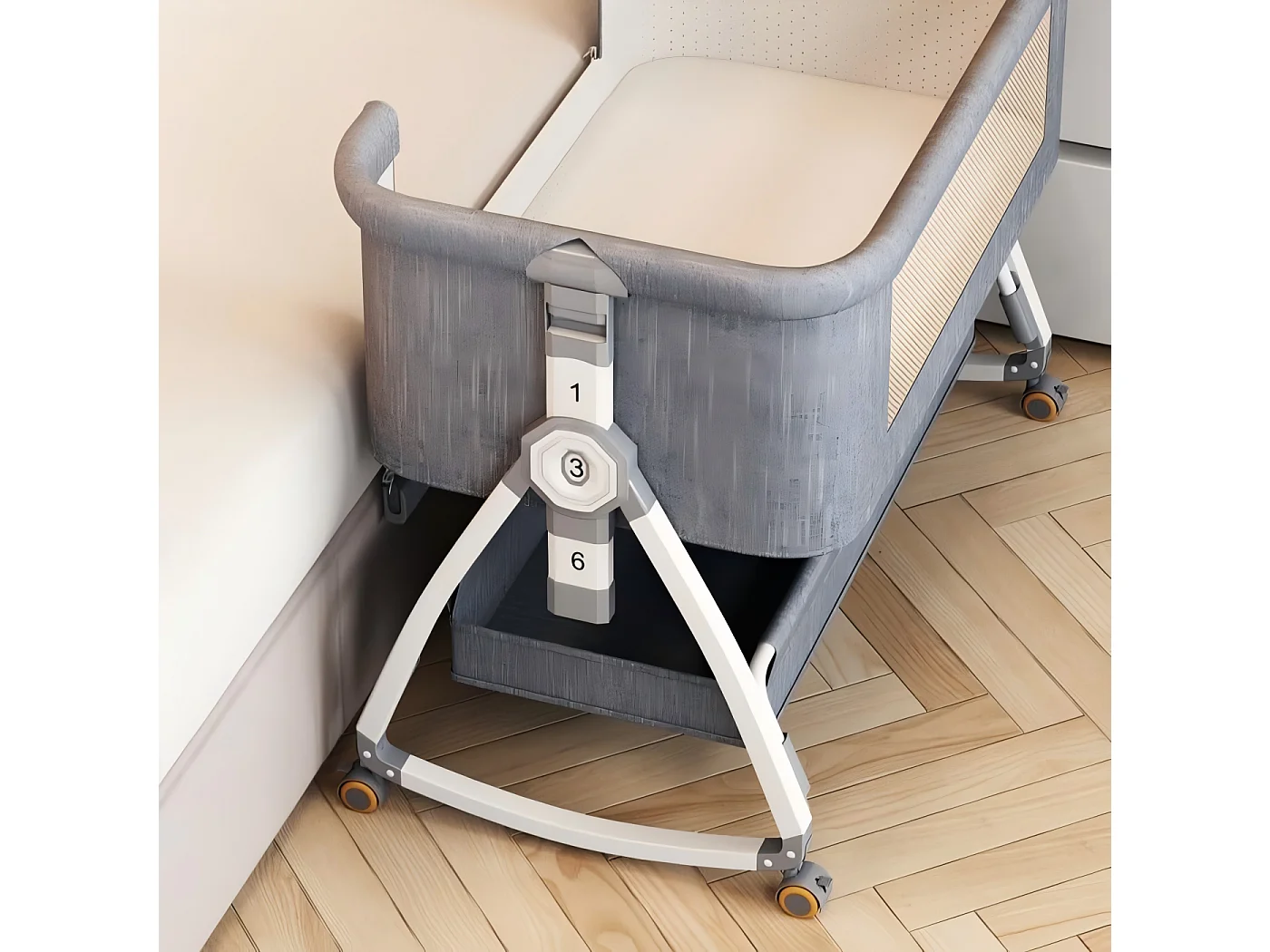 Babybedje Babywieg met matras, opbergtas, klamboe, 6 verstelbare hoogtes, 4 zwenkwielen met rem, 92x55x83cm