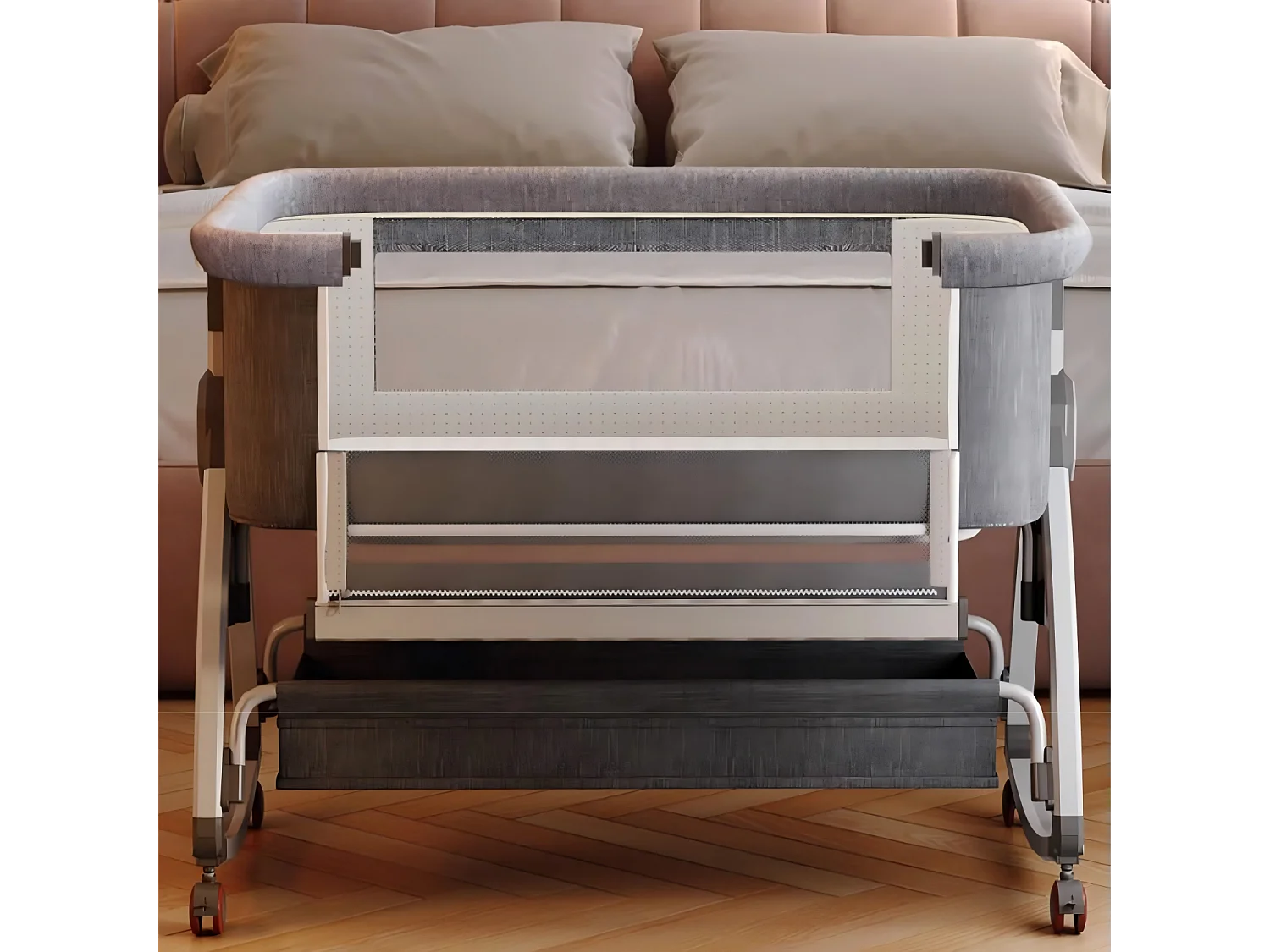 Berceau cododo avec matelas, rangement, moustiquaire, roulettes, 6 Hauteurs, 92x55x83cm