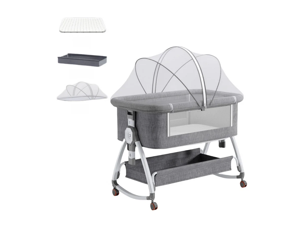 Berceau cododo avec matelas, rangement, moustiquaire, roulettes, 6 Hauteurs, 92x55x83cm