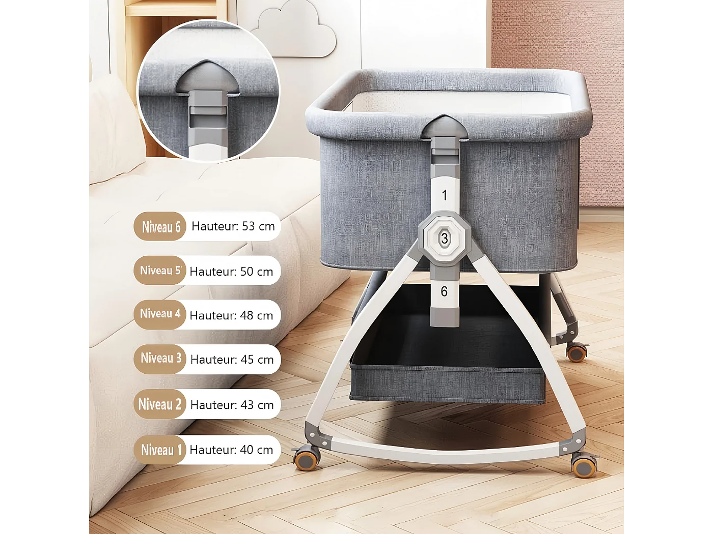 Berceau cododo avec matelas, rangement, moustiquaire, roulettes, 6 Hauteurs, 92x55x83cm