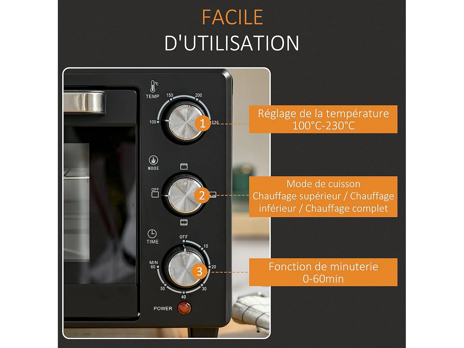 Mini horno eléctrico 21 L, con temporizador 0-60 min, termostato 100 ° C-230 ° C, 3 modos de cocción, horno de convección 1400W, 46x38.5x29cm