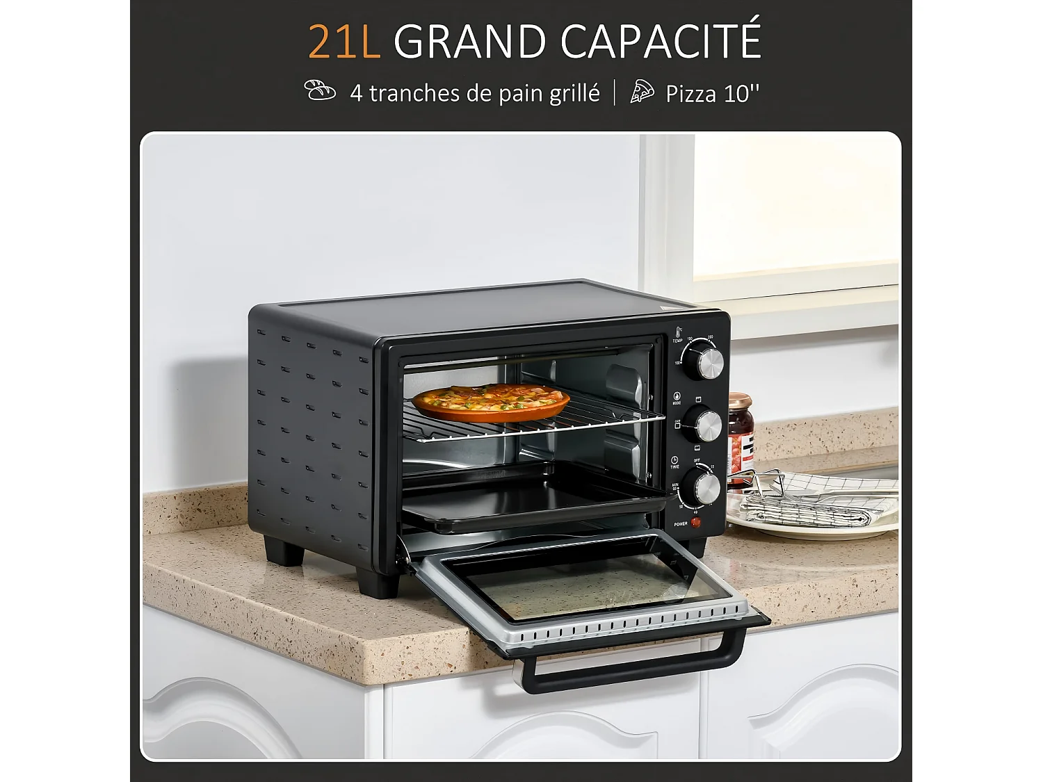Elektrische mini-oven 21 L, met timer 0-60 min, thermostaat 100°C-230°C, 3 kookmodi, 1400W heteluchtoven, 46x38,5x29CM