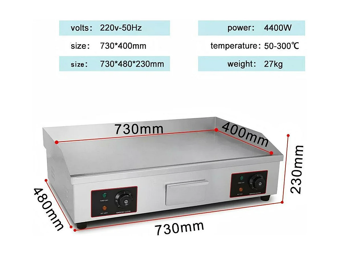 Plaque de gril électrique 4400W, avec plateau de collecte d'huile, 2 zones, 300°C, 73x48x23cm
