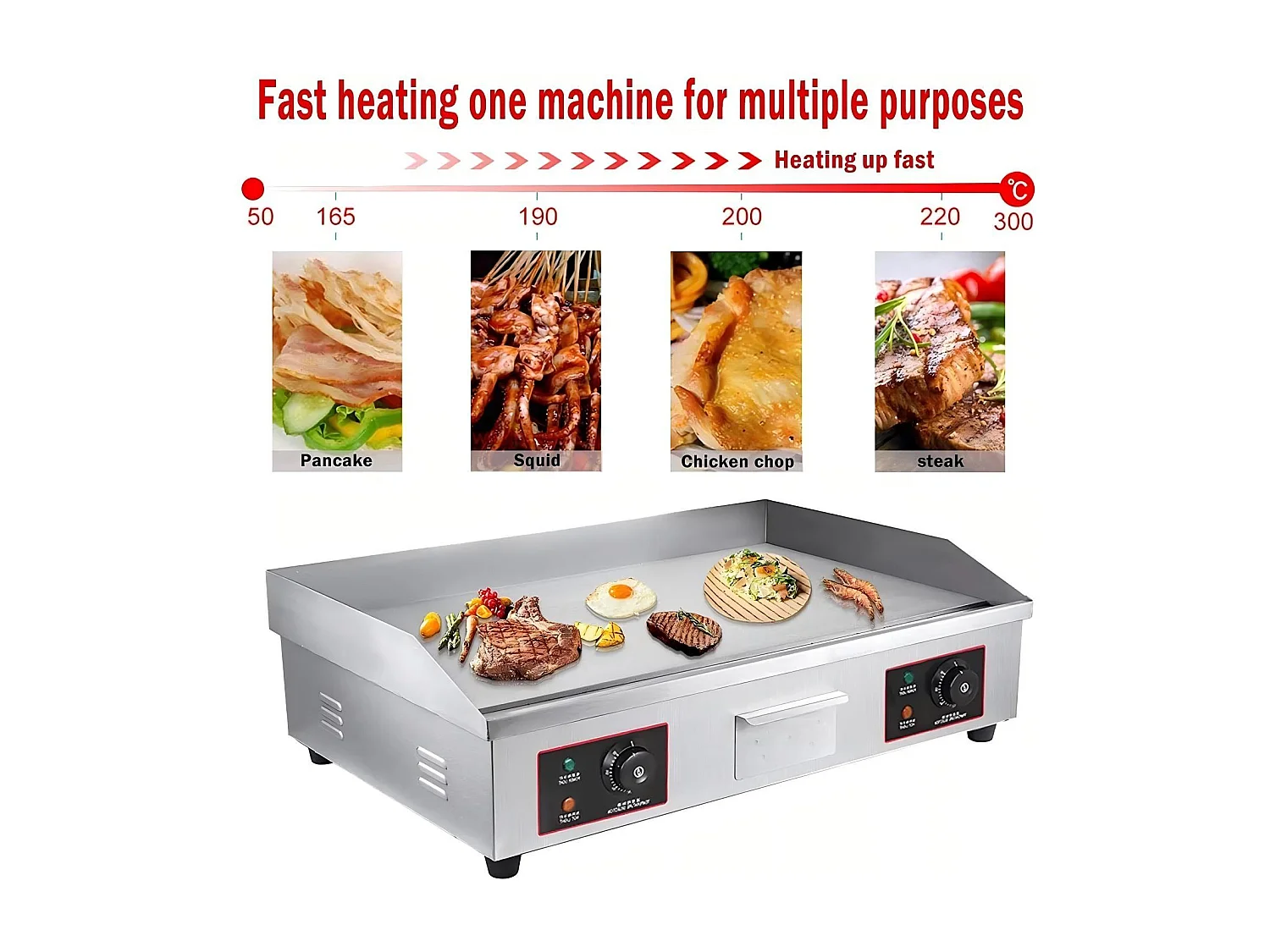 Plaque de gril électrique 4400W, avec plateau de collecte d'huile, 2 zones, 300°C, 73x48x23cm