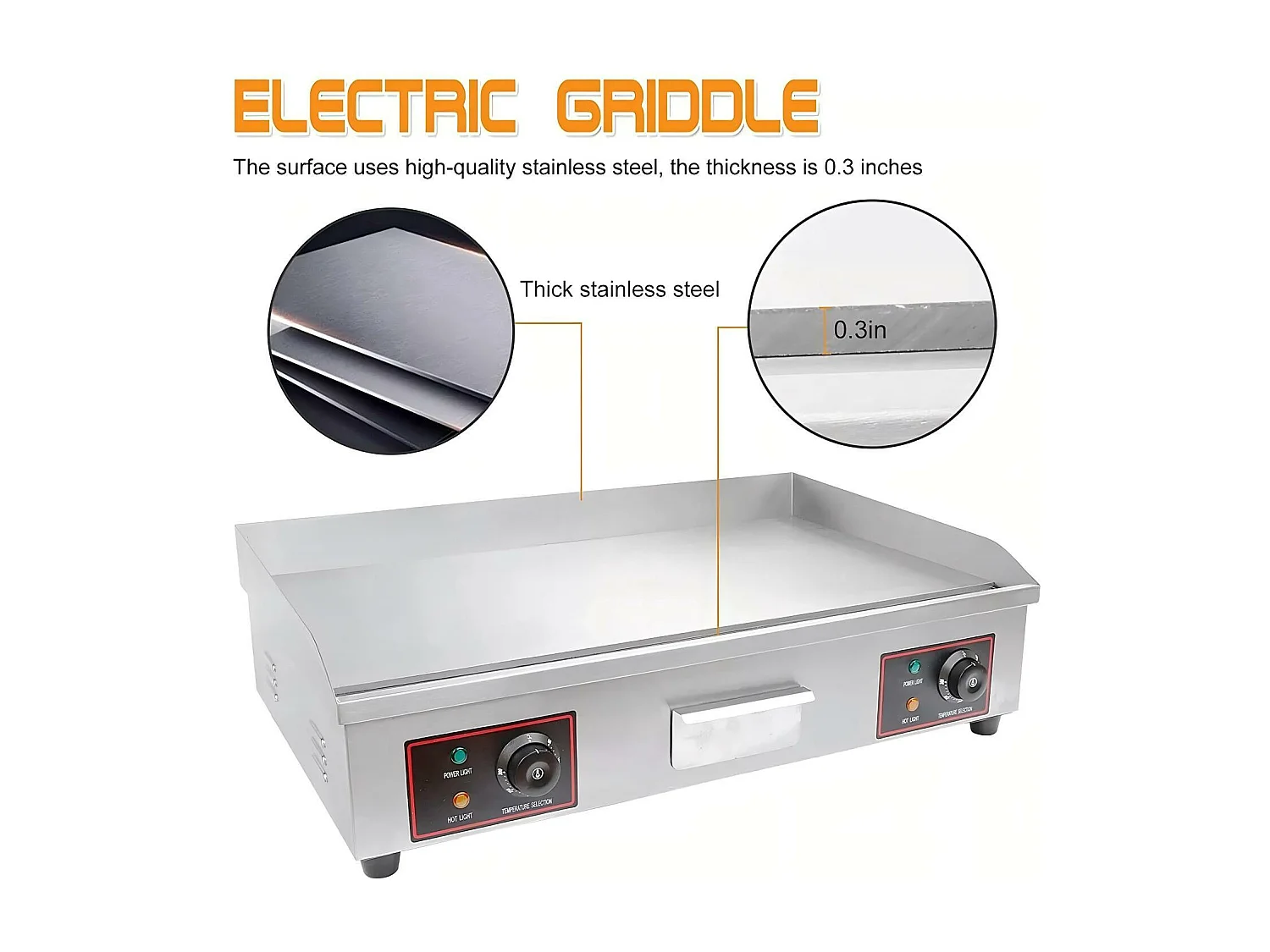 Plaque de gril électrique 4400W, avec plateau de collecte d'huile, 2 zones, 300°C, 73x48x23cm