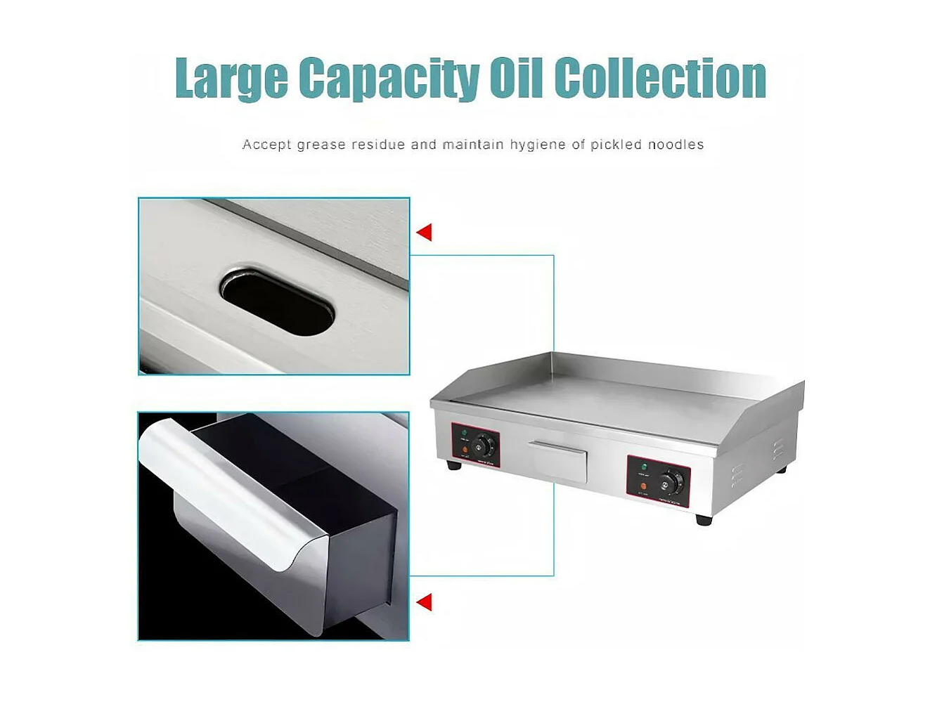 Plaque de gril électrique 4400W, avec plateau de collecte d'huile, 2 zones, 300°C, 73x48x23cm