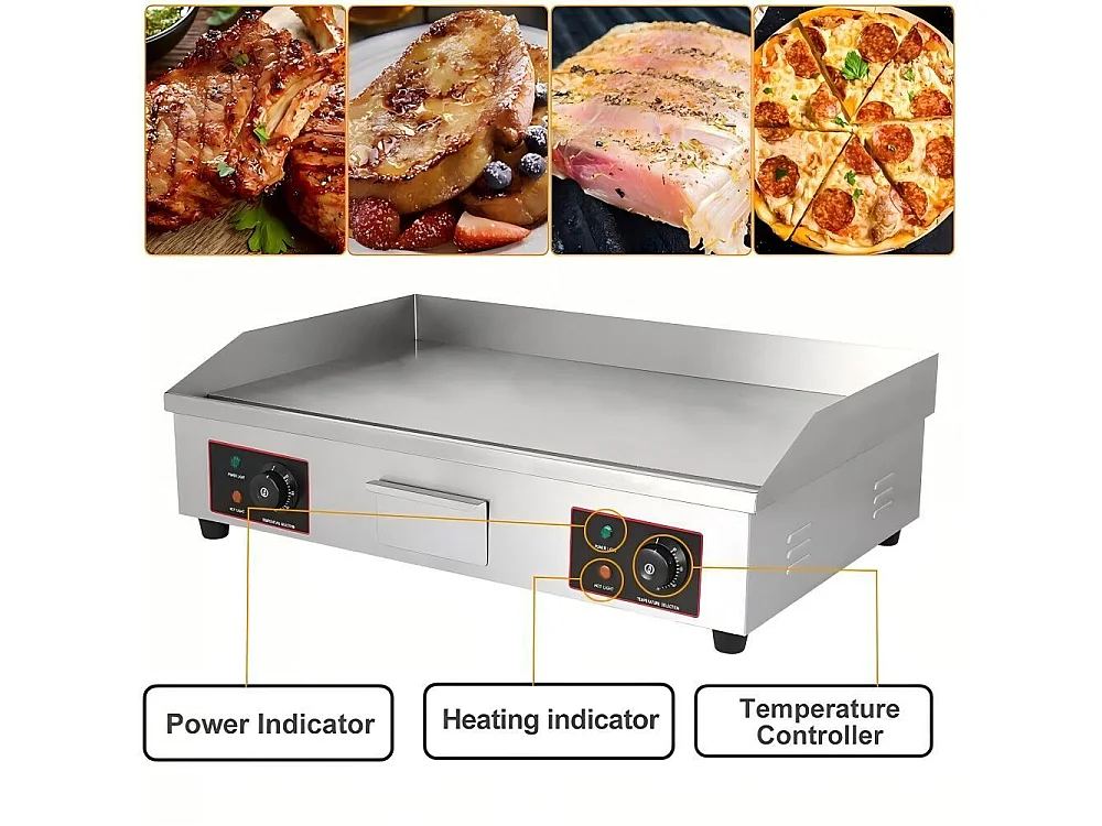 Plaque de gril électrique 4400W, avec plateau de collecte d'huile, 2 zones, 300°C, 73x48x23cm