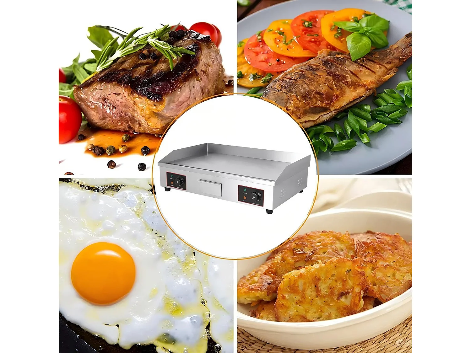 Plaque de gril électrique 4400W, avec plateau de collecte d'huile, 2 zones, 300°C, 73x48x23cm