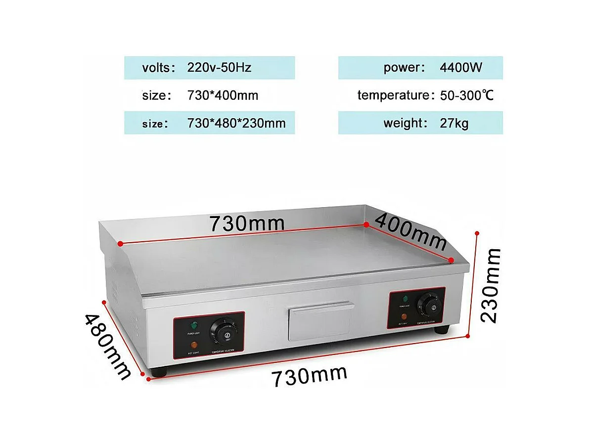 Plaque de gril électrique 4400W, avec plateau de collecte d'huile, 2 zones, 300°C, 73x48x23cm