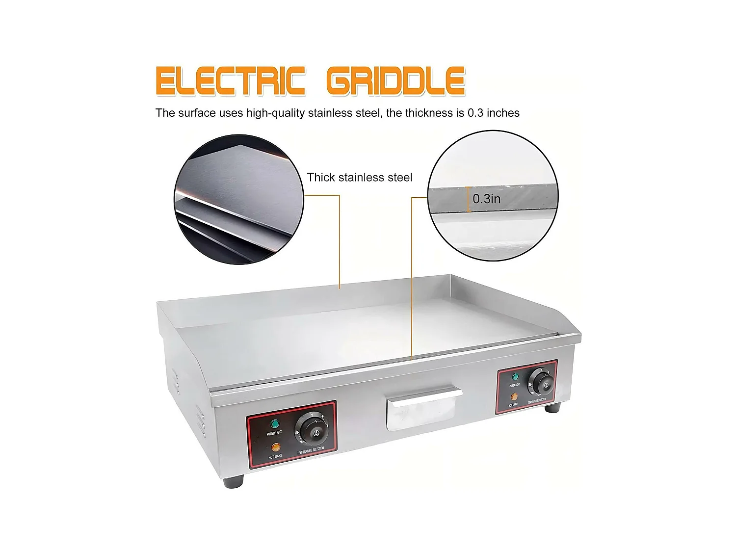 Plaque de gril électrique 4400W, avec plateau de collecte d'huile, 2 zones, 300°C, 73x48x23cm