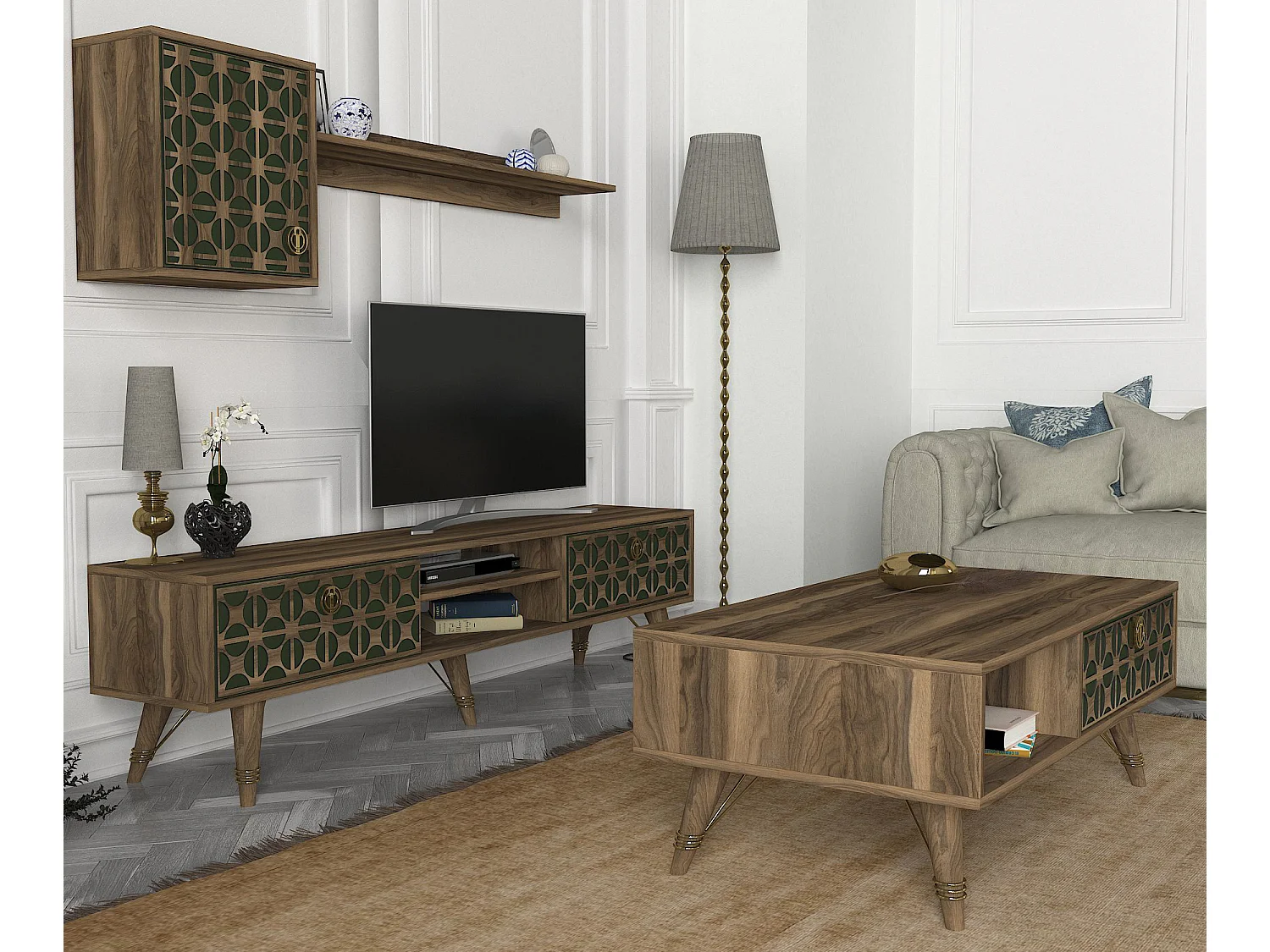 Couchtisch Valente Walnuss Dunkelgrün