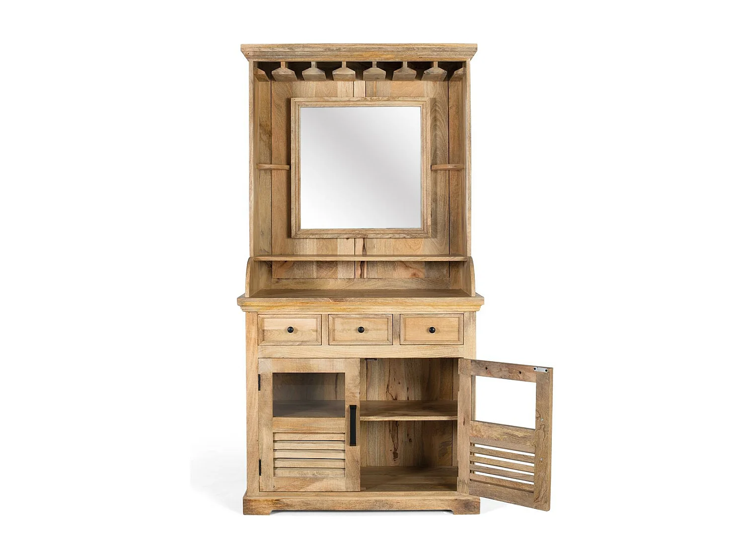 Stojak na butelki wykonany z drewna mango z centralnym lustrem