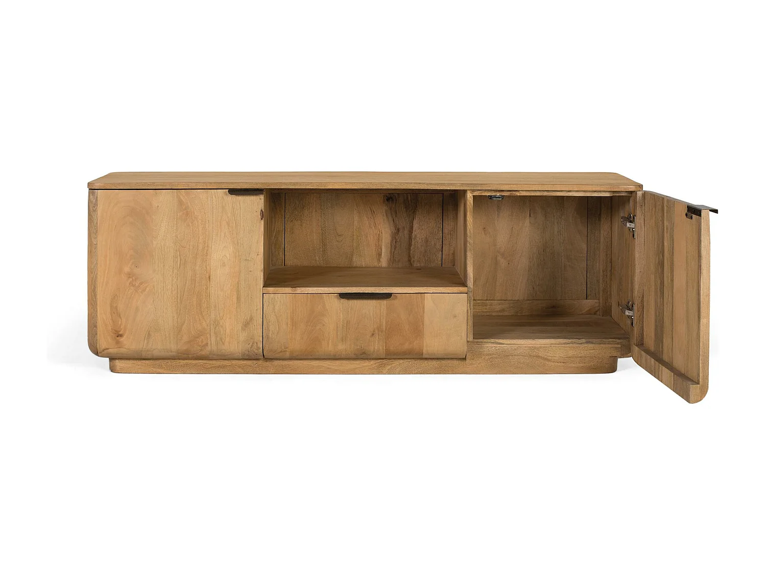 TV-meubel gemaakt van mangohout met afgeronde hoeken